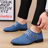 Men's Classic Shoes Dress Korea Pointed Toe Lace-Up Formal Wedding Blue Hemp Mart Lion   