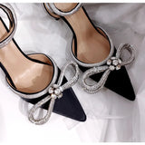 Runway style Glitter Rhinestones Women Pumps Crystal bowknot Satin Summer Lady Shoes Genuine leather High heels Party Prom MartLion