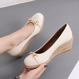 Women's Wedge Sandals Spring Autumn Metal Button High Thick-heeled Platform Shoes Straw MartLion   