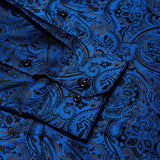 Hi-Tie Navy Blue Gold Paisley Floral Men's Silk Shirt Long Sleeve Casual Shirt Jacquard Party Wedding Dress MartLion   