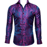 Barry Wang Luxury Red Paisley Silk Shirts Men's Long Sleeve Casual Flower Shirts Designer Fit Dress MartLion 0029 S 