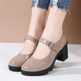 Women Mary Jane Pumps Shoes Patent Genuine Leather High Heels Shinny Ladies Retro Brogue High Square Heel MartLion   