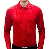 Men's Green Velvet Floral Dress Shirts Slim Fit Long Sleeve Velour Casual Button Down Camisas MartLion Red S 