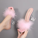 Summer Woman Pumps Transparent Perspex High Heels Color Feather Fur Peep Toe Mules Slippers Ladies Slides Shoes Sandals Mart Lion   