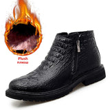 Leather Men's Boots Autumn Winter Warm  Fur Snow Crocodile Pattern Ankle Shoes Mart Lion Plush Black 6.5 