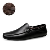 Winter Warm Fur Loafers Genuine Leather Handmade Driving Men's Shoes Casual Solid Slip-On Breathable MartLion 12 Black with Fur 