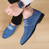 Men's Classic Shoes Dress Korea Pointed Toe Lace-Up Formal Wedding Blue Hemp Mart Lion   