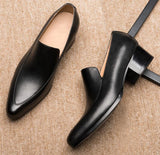 Men's High Heel Shoes Black White Genuine Leather Wedding Dress Pointed Toe Slip On Office Work Heighten Mart Lion   