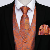 Barry Wang Men's Suit Vest Orange Paisley Waistcoat Silk Tailored Collar V-neck Check Vest Tie Set Formal Leisure M-2042 Mart Lion   