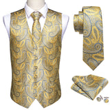 Barry Wang 8 Colors Men's Suit Vest Yellow Paisley Waistcoat Silk Tailored Collar V-neck Check Vest Tie Set Formal Leisure Mart Lion   