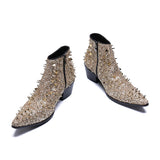 High Heels Studded Designer Genuine Leather Men's Ankle Boots Gold Rivets Short Party Wedding Dress MartLion   