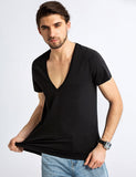 Deep V Neck T Shirt Men's Invisible Undershirt Low Cut Vneck Wide Vee Tee Model Scoop Hem Slim Fit Short Sleeve Mart Lion   