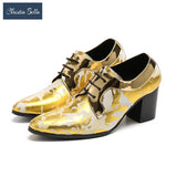 Gold Men's High Heels Shoes Lace Up Genuine Leather Oxford Nightclub Party Prom Evening Pointed Toe Short Boots MartLion   