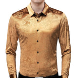 Men's Green Velvet Floral Dress Shirts Slim Fit Long Sleeve Velour Casual Button Down Camisas MartLion   