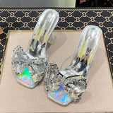 Transparent PVC Crystal Clear Heeled Women Slippers Fish Scales Bow High Heels Female Mules Slides Summer Sandals Shoes Mart Lion   