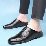 Men's Mules Shoes Genuine Leather Slippers Casual Hollow Out Moccasins Slip on Loafers Driving Breathable Mart Lion   