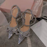 Runway style Glitter Rhinestones Women Pumps Crystal bowknot Satin Summer Lady Shoes Genuine leather High heels Party Prom MartLion 0130 Silver 42 