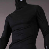 Autumn Winter Men's Solid Color Turtleneck T Shirts Slim Long Sleeve Black White Tops MartLion   