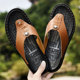 Cow Genuine Leather Retro Men's Summer Sandals Buckle Strap Beach Flip Flops Flat Water Shoes Solid Classic Casual Mart Lion   