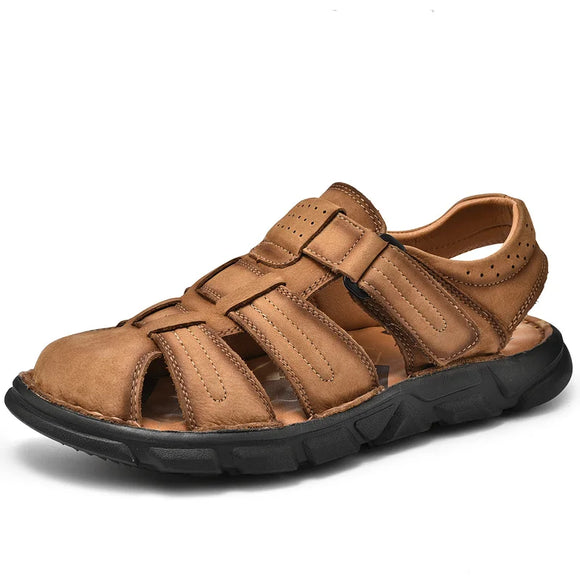 Summer Genuine Leather Men's Sandals Lightweight Men's Outdoor Beach Casual Shoes Sneakers MartLion Brown 6.5 