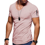 Men's V-neck T-shirt Fitness Bodybuilding High Street Summer Short-Sleeved Zipper Casual Cotton Top Mart Lion Pink M 