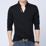 T-Shirt Men's Spring Cotton Solid Color Mandarin Collar Long Sleeve Slim Fit Tee Shirts Mart Lion black M 