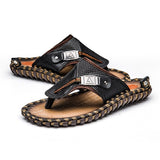 Cow Genuine Leather Retro Men's Summer Sandals Buckle Strap Beach Flip Flops Flat Water Shoes Solid Classic Casual Mart Lion Black 6 