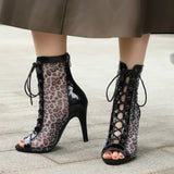 Women Sandals Leopard Open Toe High Heels Dancing Shoes Comfort Zipper Peep Toe Summer Sandals Mart Lion   