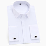 Men's Classic French Cuffs Solid Dress Shirt Covered Placket Formal Standard-fit Long Sleeve Office Work White Mart Lion   