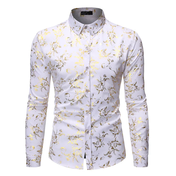  White Men's Shirt Luxury Gold Floral Print Dress Shirts Slim Fit Long Sleeve Chemise Homme Streetwear Hawaiian Shirt MartLion - Mart Lion