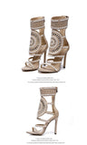 Aneikeh Women Open Toe Rhinestone Design High Heel Sandals Crystal Ankle Wrap Glitter Diamond Gladiator Black Mart Lion   