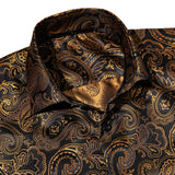 Barry Wang Gold Paisley Bright Silk Shirts Men's Autumn Long Sleeve Casual Flower Shirts Designer Fit Dress Shirts MartLion   