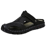 Classic Summer Men's Sandals Casual Beach Slippers Soft Leather Mart Lion Black 6.5 