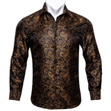 Barry Wang Gold Paisley Bright Silk Shirts Men's Autumn Long Sleeve Casual Flower Shirts Designer Fit Dress Shirts MartLion   