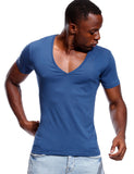 Deep V Neck T Shirt Men's Invisible Undershirt Low Cut Vneck Wide Vee Tee Model Scoop Hem Slim Fit Short Sleeve Mart Lion Blue S 