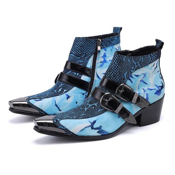 Handmade Luxury Genuine Leather Men's Boots Blue Snake Skin Dress Formal Shoes Double Buckle Cowboy MartLion   