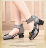 Genuine Leather Retro Style Chunky Heel Sandals Flower Open Toe Handmade Women High-Heeled Shoes MartLion   