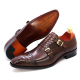 Men's Dress Shoes Genuine Leather Double Buckle Monk Strap Snake Print Cap Toe Classic MartLion   