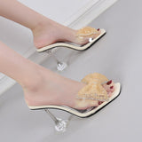 Summer Party Slippers Green Rhinestone Bow Heels Sandals Women Square Open Toe PVC Transparent Shoes Slides Mart Lion   