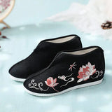 Veowalk Lotus Embroidered Women Cotton Mid-top Shoes with Warm Fleece Lining Winter Chic Elegant Ladies Jacquard Flat Platforms MartLion Black 7.5 CHINA