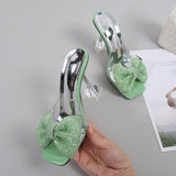 Summer Party Slippers Green Rhinestone Bow Heels Sandals Women Square Open Toe PVC Transparent Shoes Slides Mart Lion   