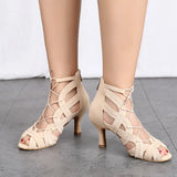 Salas Latin Dance Shoes Wedding High Heels Girls Jazz Boots Cream Lace up MartLion   