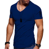 Men's V-neck T-shirt Fitness Bodybuilding High Street Summer Short-Sleeved Zipper Casual Cotton Top Mart Lion Dark blue M 