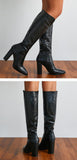 Winter Knee High Boots Women Black Square Heels Snake Print Leather Pointed Toe Zip Ladies Chunky Shoes Mart Lion   