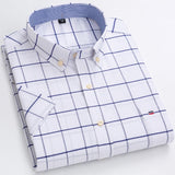 Men's Oxford Short Sleeve Summer Casual Shirts Single Pocket Standard-fit Button-down Plaid Striped Cotton Mart Lion D502 44 