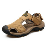 Leather sandals cowhide men's shoes summer beach slippers outdoor leisure Mart Lion 7238Khaki 6.5 