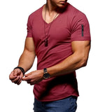 Men's V-neck T-shirt Fitness Bodybuilding High Street Summer Short-Sleeved Zipper Casual Cotton Top Mart Lion Red wine M 