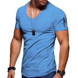 Men's V-neck T-shirt Fitness Bodybuilding High Street Summer Short-Sleeved Zipper Casual Cotton Top Mart Lion Sky Blue M 