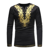 White Dashiki Print T Shirt Men's Autumn Streetwear Casual Clothes Slim Fit Long Sleeve Camisa Masculina MartLion black M 