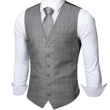 Barry Wang Men's Light Gray Plaid Waistcoat Blend Tailored Collar V-neck 3 Pocket Check Suit Vest Tie Set Formal Leisure MD-2305 Mart Lion   